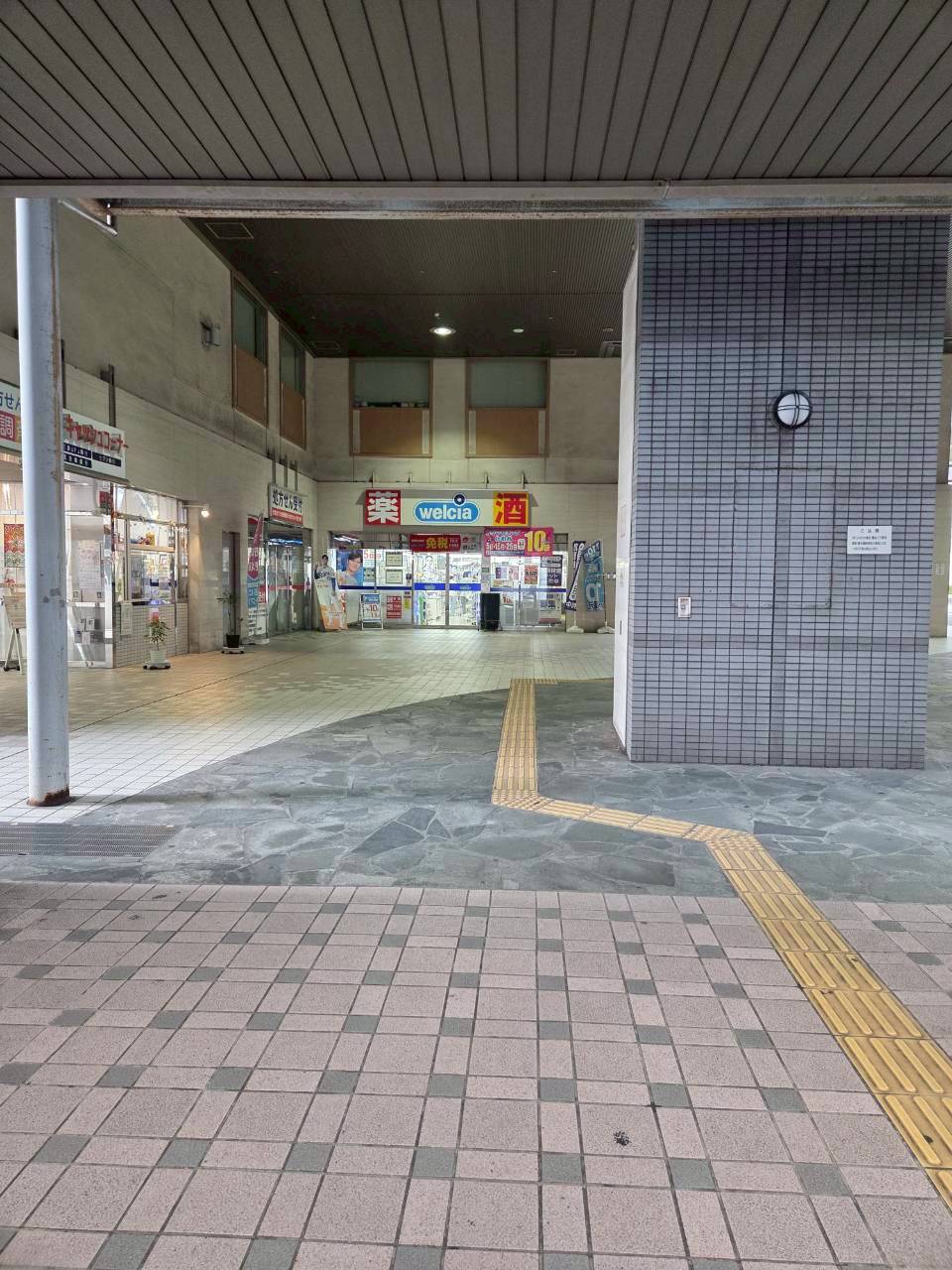 1番出口を出た正面にウエルシア薬局が見える。薬局の左側に細い通路があります