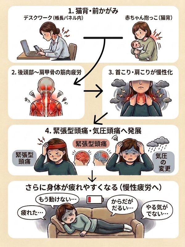 猫背・前かがみから慢性疲労に至る悪循環のイラスト図解